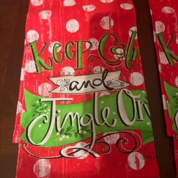 C&F Christmas Flour Sack Towels Keep Calm & Jingle On Polka Dot set of 2 - Picture 7 of 7